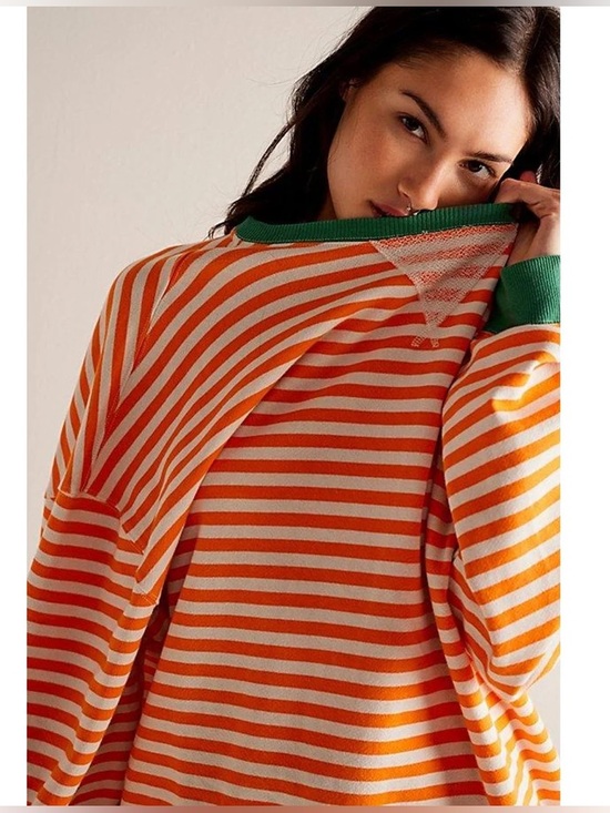 Free People Sweaters - Free People Orange and Cream Striped Crewneck Sweater with Green Trim